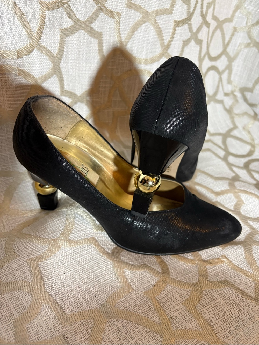 Vintage ( 1990s) Black Women's Mid-Heel Pumps with Gold Accent